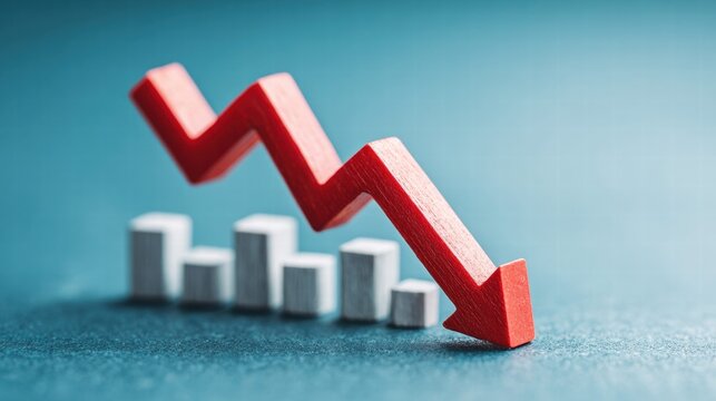 Red arrow pointing downwards over a bar graph, symbolizing financial decline.