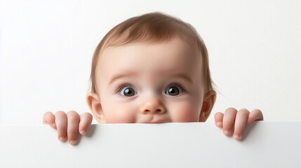 baby peeking over the edge with big eyes.