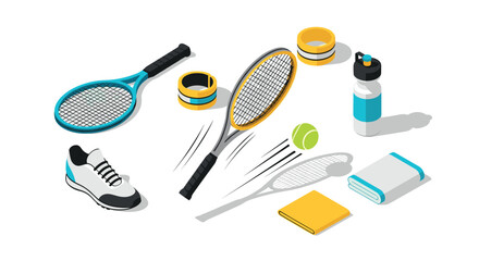 Isometric tennis equipment collection with racket, ball, and accessories in modern style
