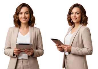 Smiling Young Businesswoman in Beige Suit Holding Digital Tablet in Two Poses, Professional Female Manager Isolated on White Background

