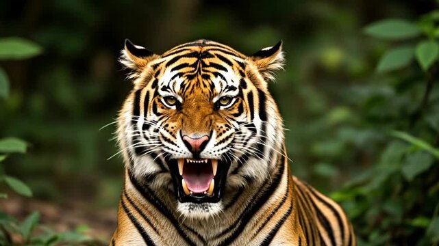 Powerful tiger snarling fiercely in lush jungle, showcasing its wild beauty
