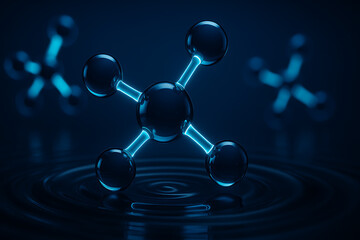 Molecular structure glowing in dark blue environment, futuristic 3d atom model with neon illuminated bonds reflecting on liquid ripple surface, scientific chemistry visualization for technology resear