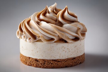 Artisanal Mousse Cake with a Bicolor Cream Swirl and a Crumbly Biscuit Base.