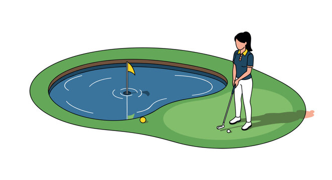 Isometric golf scene with woman putting near water hazard on green