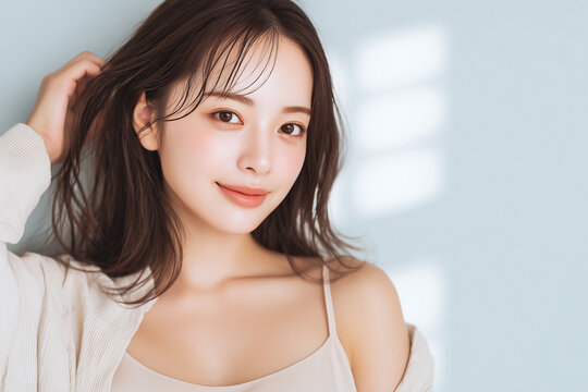 髪に手を添える若い女性のビューティーポートレート