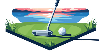 Golf club and ball at sunset on scenic lakeside green with vibrant sky reflection