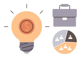 Lightbulb with dollar sign for innovation, briefcase for business, pie chart highlighting teamwork distribution. Ideal for entrepreneurship, strategy, collaboration, planning, success, finance