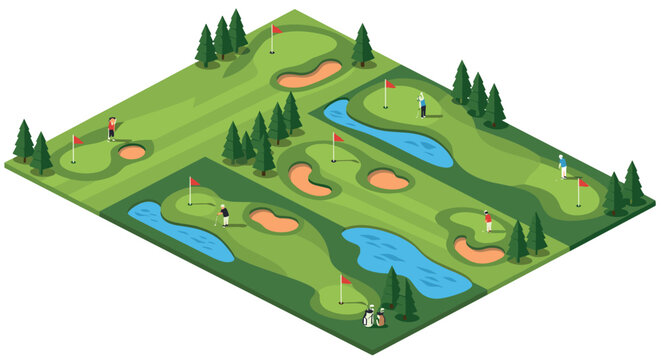 Isometric golf course with players and scenic trees