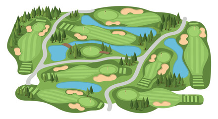 Isometric golf course layout with green fairways and water hazards