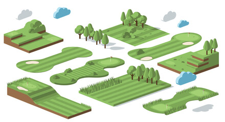 Isometric golf course elements with green landscapes and flags