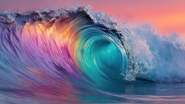 Vibrant wave cresting with a rainbow of colors under a sunset sky.