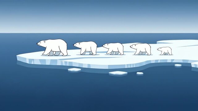 Animated Polar Bear Family Walking on a Melting Arctic Ice Floe.