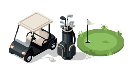 Isometric golf cart, bag, and green with flag for sports enthusiasts