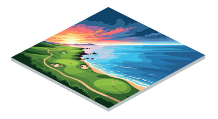 Coastal golf course at sunset with vibrant sky and ocean view