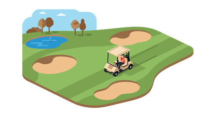 Fototapeta premium Isometric golf course scene with cart on green fairway and bunkers