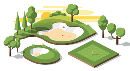 Modern golf course design with lush greenery and sand traps in isometric style