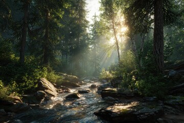 Sacred Sunbeams Pierce a Misty Forest, Illuminating a Glistening Rocky Creek.