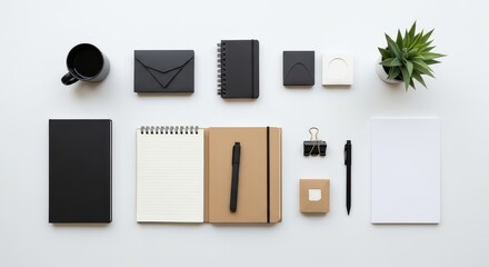Flat lay of office supplies and a succulent plant on a white surface in a minimalist arrangement