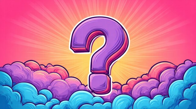 Question mark in a vibrant, colorful pop art style with clouds and a radiant background.