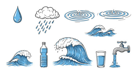 Naklejka premium Hand-drawn sketch collection of water in its various forms, including raindrops, waves, a bottle, a glass, a faucet, and ripples from a drop.