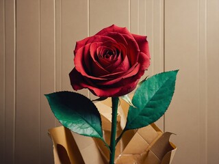 A pretty red rose with eco-friendly cardboard in the background.