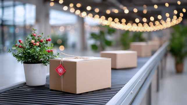 Brown cardboard boxes on a conveyor belt in a bright space decorated with string lights, alongside a potted plant, creating a festive atmosphere for holiday shipping