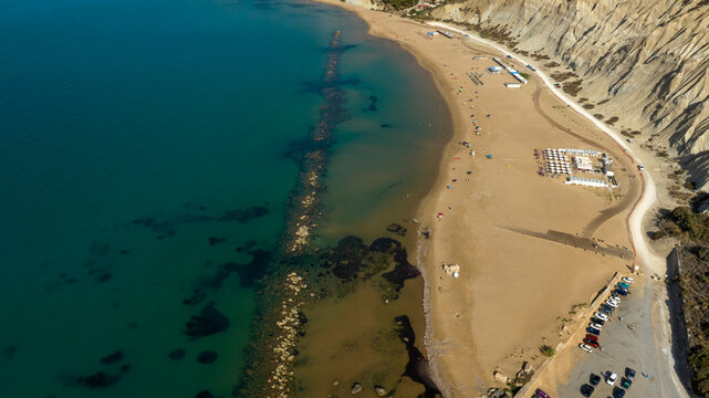 Aerial view of Marianello Beach, a sandy beach overlooking the Mediterranean Sea. It is located near Licata, in the province of Agrigento, Sicily, Italy.