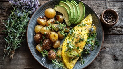 Gourmet Omelet, Golden Roasted Potatoes, and Sliced Avocado on Rustic Wood Table with Herbs.