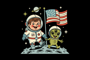 Astronaut and Alien Friends Planting Flag on Moon.