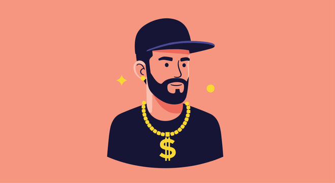 Modern flat illustration of a cool bearded man wearing a baseball cap backwards, an earring, and a large gold dollar sign chain necklace.