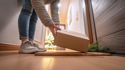 Woman wearing cozy sweater and jeans is placing a cardboard package on a welcome mat in a hallway decorated for the holiday season with a Christmas tree in the background