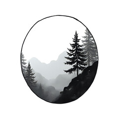 Circle with forest trees in fog. Contains hieroglyphs - eternity, freedom, happiness. Traditional oriental ink painting sumi-e, u-sin, go-hua