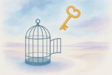 A golden key hovering above an open birdcage surrounded by a serene pastel colored landscape evoking themes of freedom, potential, and liberation