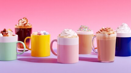 Brightly colored coffee cups hold delicious treats like whipped cream, sprinkles, and marshmallows. The cheerful display brings joy and warmth, perfect for a cozy gathering
