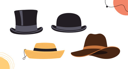 Collection of four classic men's hats including a black top hat, bowler, straw boater, and a brown cowboy hat on a decorative background.
