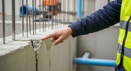 Construction inspector pointing at a crack in a concrete foundation в стене, wearing a yellow safetyvest, low angle shot, structural damage assessment, industrial background