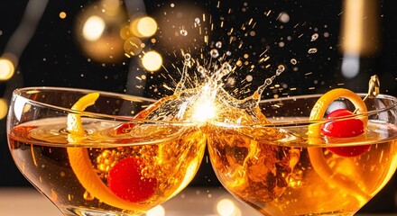 Two cocktail glasses clinking together, creating a splash of celebration