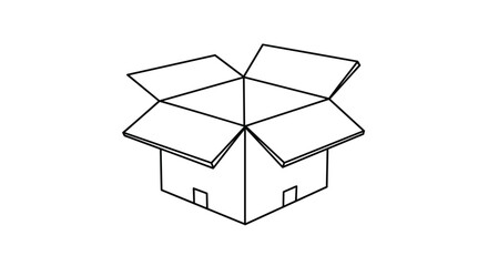 Simple black and white line art illustration of an empty, open cardboard box, perfect for packaging, moving, or delivery concepts.