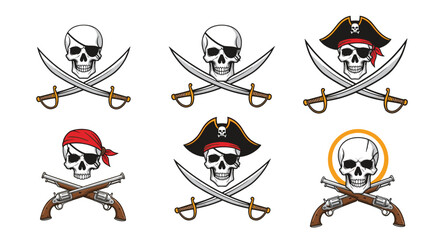Obraz premium Set of six different pirate skull and crossbones logos, featuring crossed swords, pistols, eye patches, and various buccaneer hats.