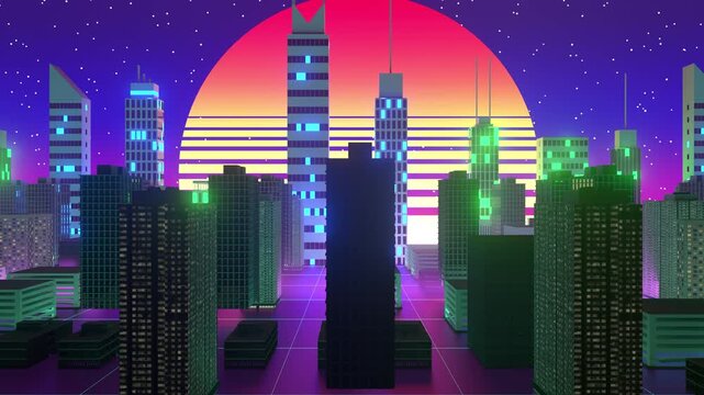Looping Motion Video SynthWave Background Landscape with buildings. Hipster game cityscape 80's cyber futuristic motion graphics. Oldschool landscape animation with sun. Laser cyber world.