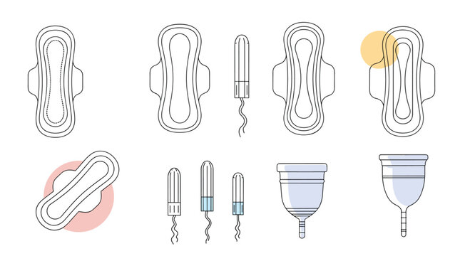 Set of various feminine hygiene products illustrated in a minimalist line art style, including sanitary pads, tampons, and menstrual cups.