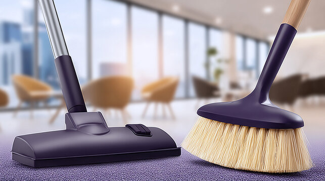 Cleaning tools including a vacuum cleaner and a broom are placed on a plush carpet in a modern interior, showcasing effective home cleaning solutions and stylish design - Powered by Adobe