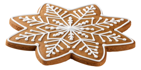 Golden gingerbread star cookie with delicate icing pattern, isolated as a transparent PNG. Great for Christmas compositions, holiday greeting cards, festive packaging, and seasonal creative projects.