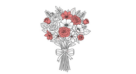 Elegant hand-drawn bouquet of flowers tied with a ribbon, featuring roses and other blossoms in a black, white, and pink color scheme.