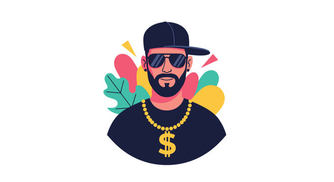 Cool and confident man with a beard, sunglasses, and a gold chain, illustrated in a modern flat style with abstract leaves behind him.