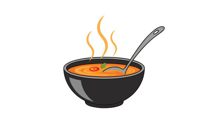 Simple cartoon illustration of a steaming bowl of hot soup with a ladle, perfect for representing a warm and comforting meal.