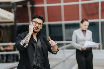 A modern business scene featuring a man using a smartphone while giving a thumbs-up. The professional outdoor setting includes a woman focused on reviewing documents in the background.