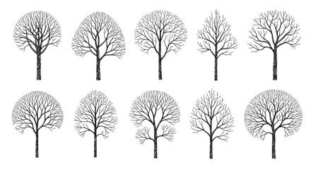Set of ten stylized leafless trees with rounded canopies, illustrated in a black textured silhouette style for winter or autumn scenes.