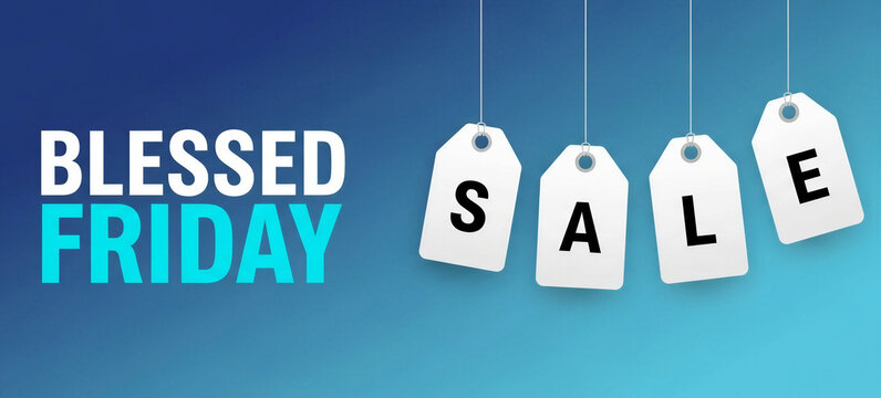 Minimalist blue marketing background for Blessed Friday featuring large text and white hanging Sale labels tags for retail discounts banner and cover