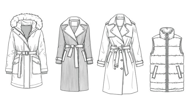 Set of four women's outerwear fashion sketches, including a parka with a fur hood, trench coats, and a puffer vest in a line art style.